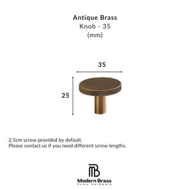 A product dimension graphic for an Antique Brass Knob, showing a round cabinet knob with a 35mm width and 25mm height. Text details specify 'Antique Brass Knob - 35 (mm)' and includes the 'Modern Brass Home Hardware' logo at the bottom.