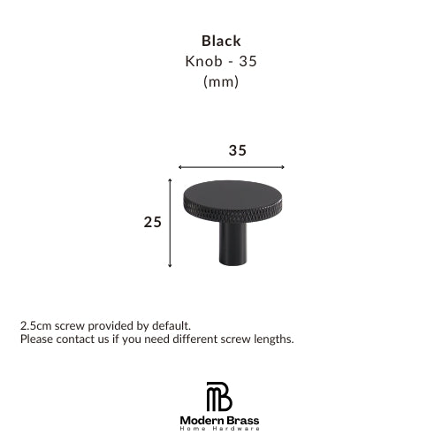 Black knob dimension diagram showing a round textured knob with a 35mm diameter and 25mm height, with text specifying a 2.5cm screw included by default and the Modern Brass Home Hardware logo at the bottom.