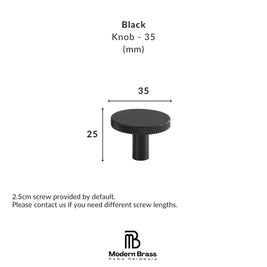 Black knob dimension diagram showing a round textured knob with a 35mm diameter and 25mm height, with text specifying a 2.5cm screw included by default and the Modern Brass Home Hardware logo at the bottom.