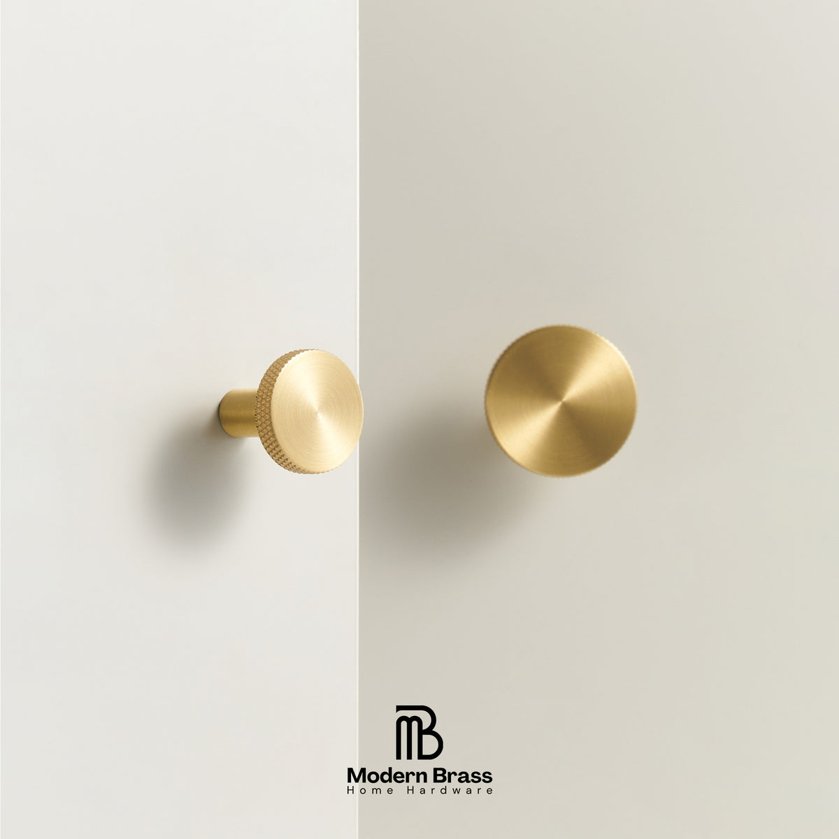 Two round brass wall hooks or knobs in brushed and knurled finishes, mounted on a minimalist off-white wall with a vertical dividing line. The Modern Brass logo is visible at the bottom.