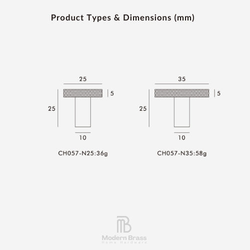 A product information graphic titled 'Product Types & Dimensions (mm)' on a light gray background. It shows two T-shaped cross-section diagrams with labeled dimensions and model numbers CH057-N25:36g and CH057-N35:58g.