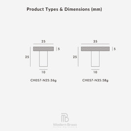 A product information graphic titled 'Product Types & Dimensions (mm)' on a light gray background. It shows two T-shaped cross-section diagrams with labeled dimensions and model numbers CH057-N25:36g and CH057-N35:58g.