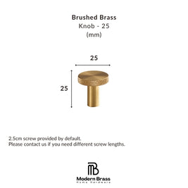A brass knob shown on a white background with text indicating it is a 25mm brushed brass knob and includes a 2.5cm screw provided by default.