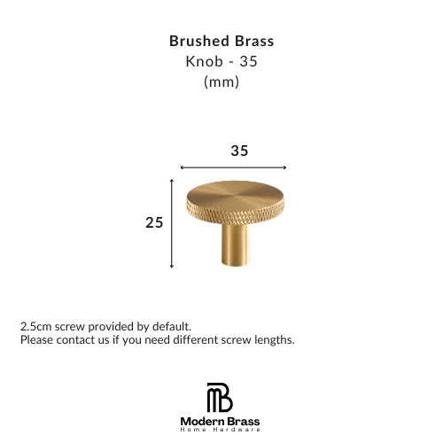 A product information graphic for a brushed brass knob. The image shows a single round metal knob centered on a white background, with dimension labels indicating a diameter of 35 mm and a height of 25 mm.