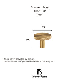 A product information graphic for a brushed brass knob. The image shows a single round metal knob centered on a white background, with dimension labels indicating a diameter of 35 mm and a height of 25 mm.