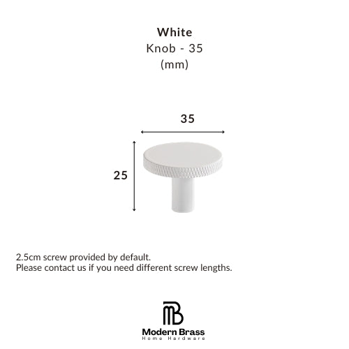 White cylindrical knob shown with dimension labels indicating 35 mm width and 25 mm height, plus text noting a 2.5 cm screw is included by default.