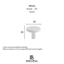 White cylindrical knob shown with dimension labels indicating 35 mm width and 25 mm height, plus text noting a 2.5 cm screw is included by default.