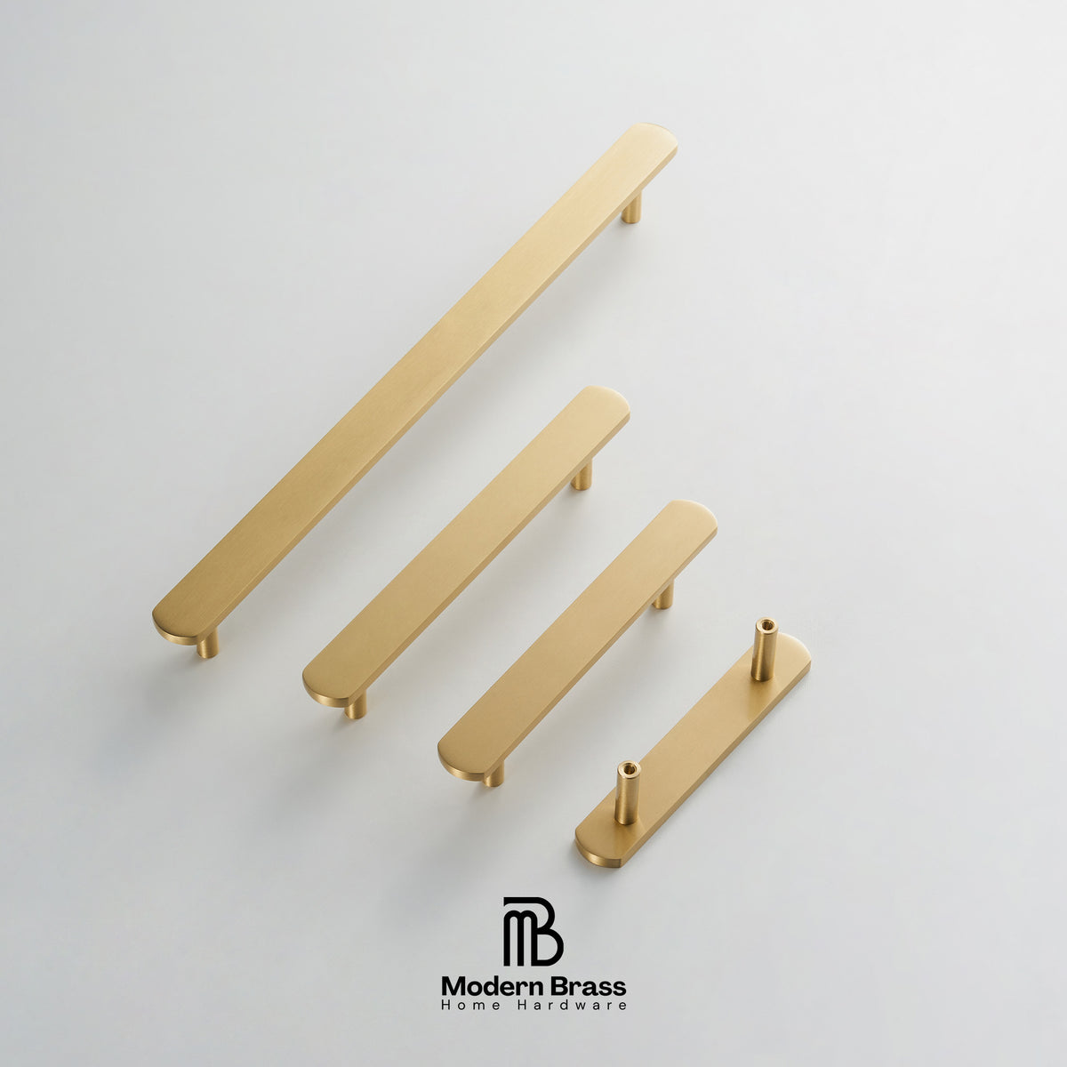 Four brushed brass cabinet handles in different widths arranged diagonally on a light gray background, with the Modern Brass logo at the bottom.