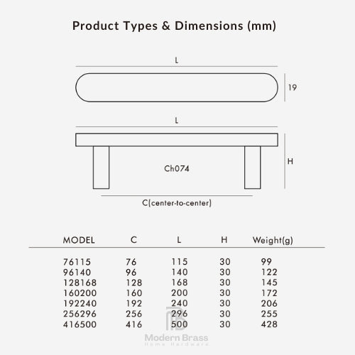 A product information diagram showing a table top view and side view with labeled dimensions L, H, and C, plus a size/specification table for Modern Brass home hardware on a light gray background.