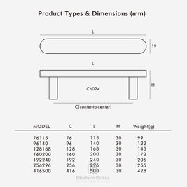 A product information diagram showing a table top view and side view with labeled dimensions L, H, and C, plus a size/specification table for Modern Brass home hardware on a light gray background.