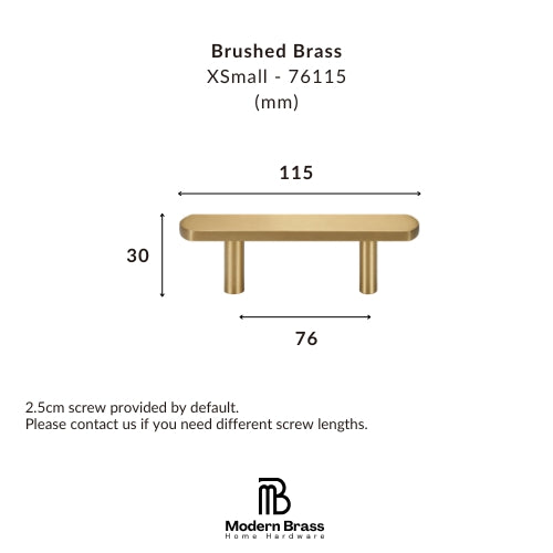 Technical dimension diagram of a brushed brass XSmall pull handle on a white background, showing measurements of 115mm, 30mm, and 76mm, with the Modern Brass Home Hardware logo at the bottom.