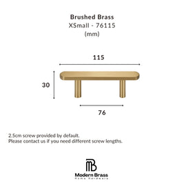 Technical dimension diagram of a brushed brass XSmall pull handle on a white background, showing measurements of 115mm, 30mm, and 76mm, with the Modern Brass Home Hardware logo at the bottom.