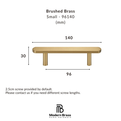 A dimension diagram of a small brushed brass furniture pull handle, showing measurements of 140mm width, 30mm height, and 96mm base length, with the Modern Brass Home Hardware logo at the bottom.