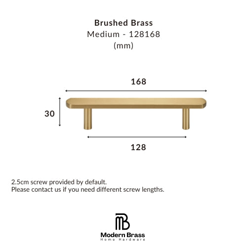 A dimension diagram of a brushed brass wall shelf on a white background, showing measurements of 168 mm width, 30 mm height, and 128 mm shelf span, with the Modern Brass Home Hardware logo at the bottom.