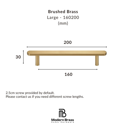 A dimension diagram of a brushed brass shelf labeled 'Large - 160200 (mm)' with measurements 200, 160, and 30, plus text noting a 2.5cm screw provided by default.