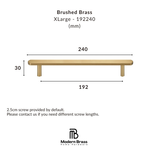 A dimension diagram of a brushed brass shelf labeled XLarge - 19240 (mm), showing a length of 240, a width of 192, and a height of 30, with Modern Brass Home Hardware branding at the bottom.