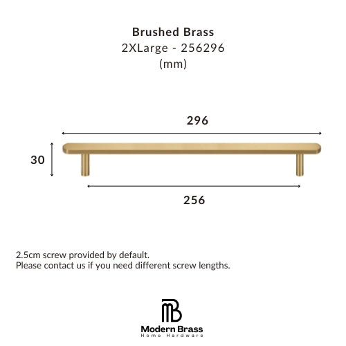 A dimension diagram of a brushed brass shelf with measurements 296, 30, and 256 mm, plus text noting a 2.5cm screw is included by default.