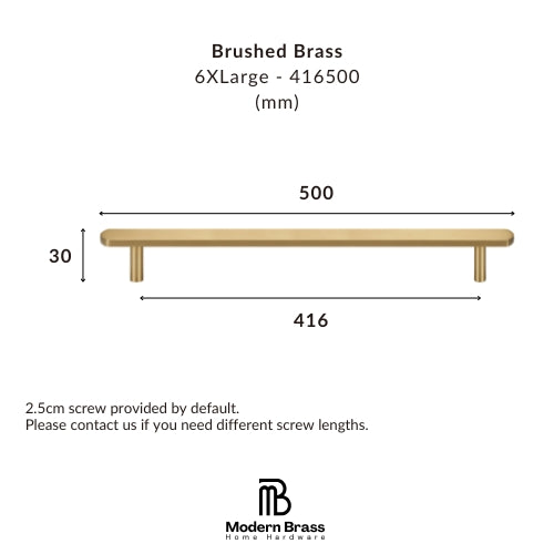 A dimension diagram of a brushed brass wall shelf on a white background, showing measurements of 500 mm length, 416 mm clear span, and 30 mm height, with the Modern Brass Home Hardware logo at the bottom.