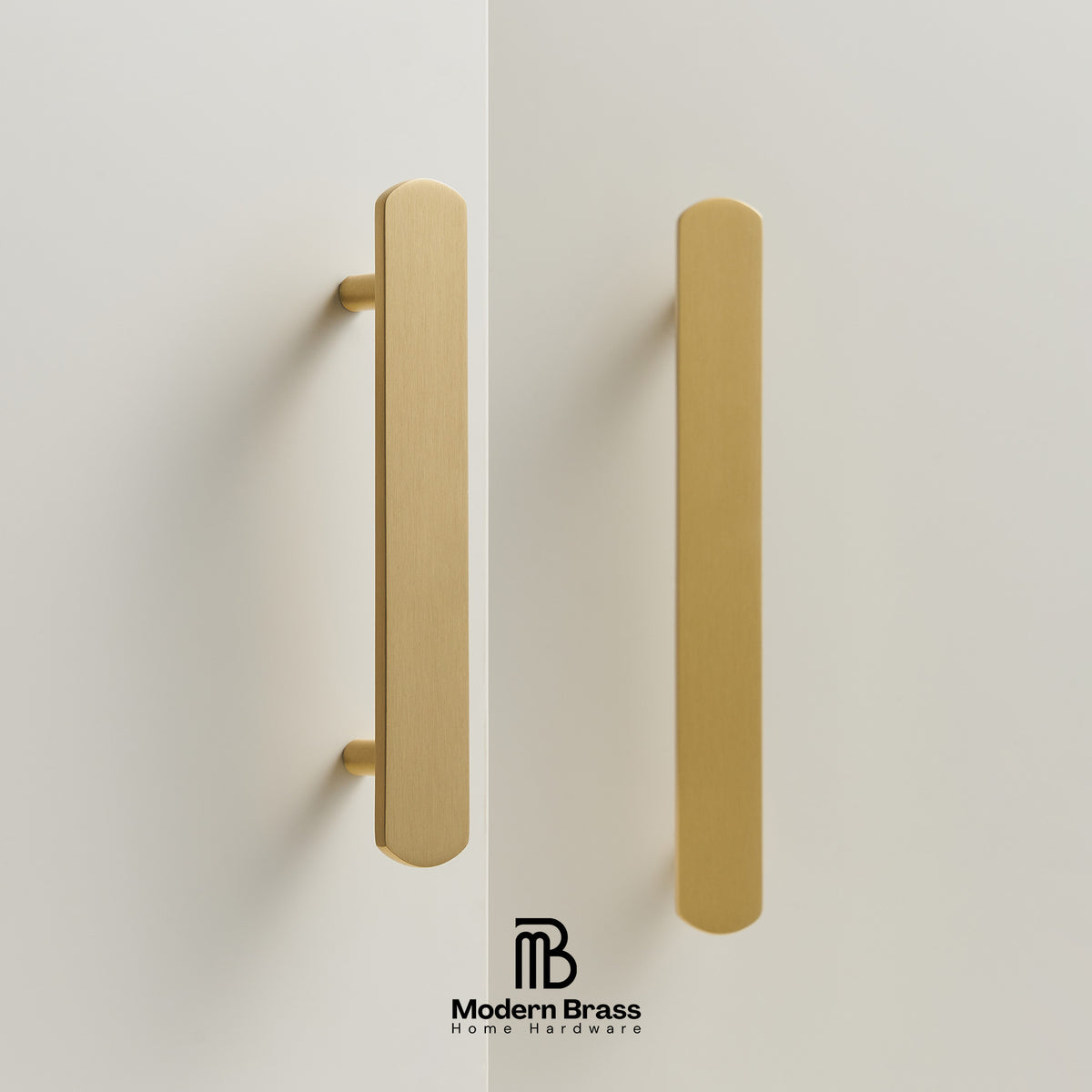 Two modern bar handles in a brushed brass finish, shown mounted on a clean off-white wall. One handle is shown from a side profile, and the other from a front-facing perspective.
