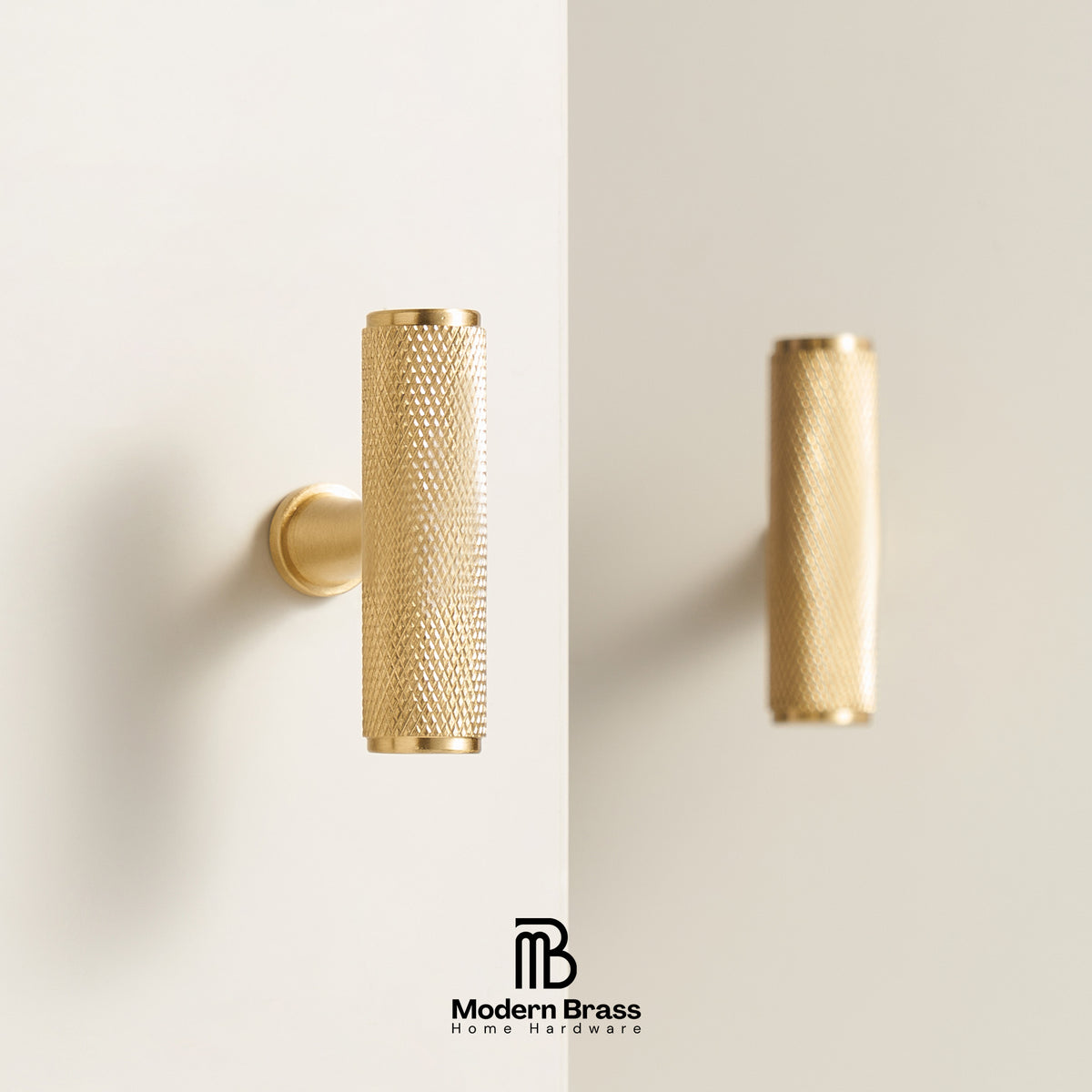 A modern cylindrical brass wall hook with a textured mesh pattern, mounted on a clean off-white wall. A reflection of the hook is visible on the right side of the wall, and the 'Modern Brass Home Hardware' logo is displayed at the bottom.