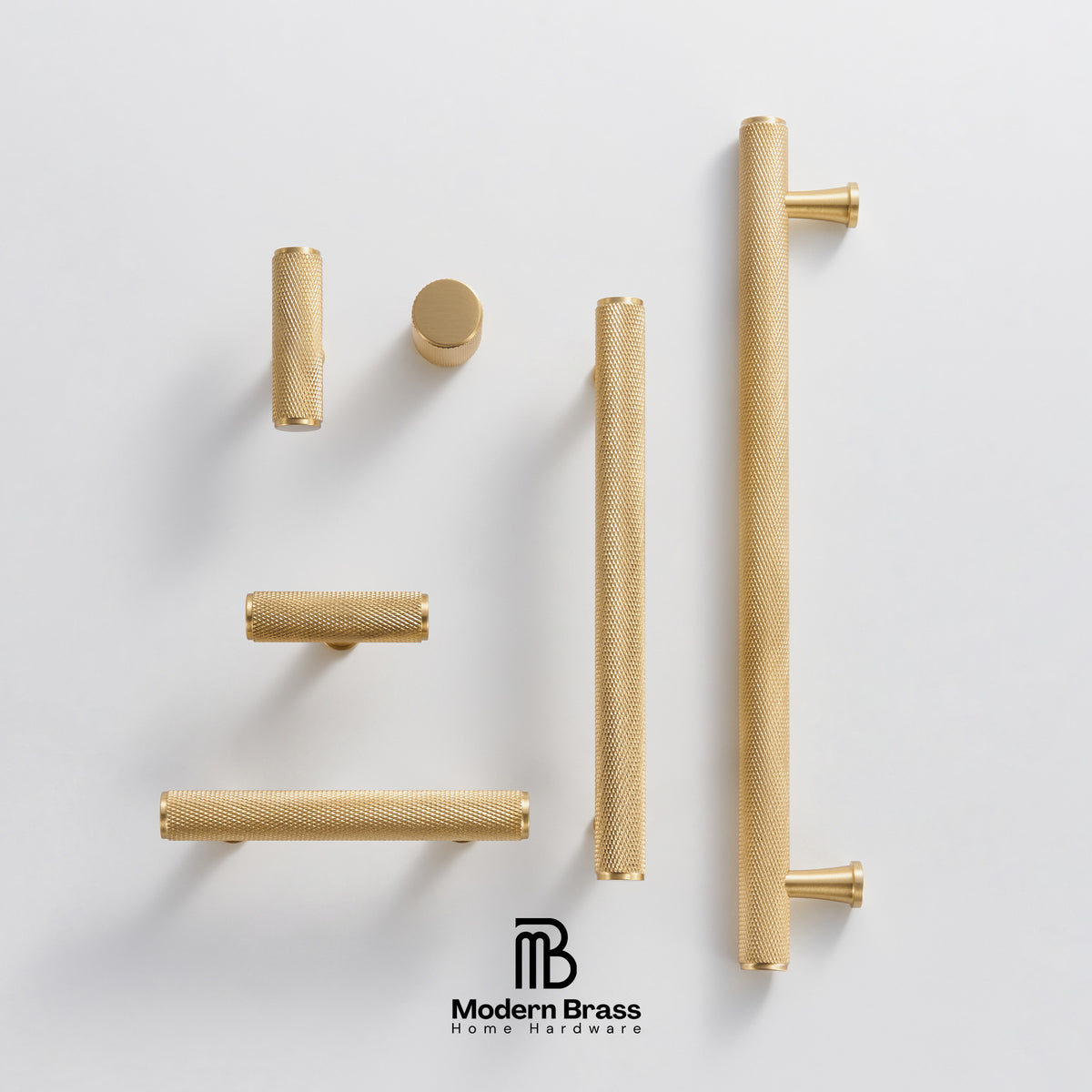 Six brass cabinet handles in various shapes and sizes, including two long vertical bar pulls, two horizontal bar pulls, two short cylindrical pulls, and one round knob, arranged on a light gray background with the Modern Brass logo at the bottom.