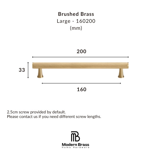A dimension diagram of a brushed brass shelf labeled 'Large - 160200 (mm)' with measurements 200, 160, and 30, plus text noting a 2.5cm screw provided by default.