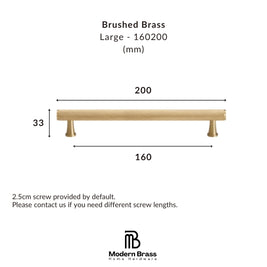 A dimension diagram of a brushed brass shelf labeled 'Large - 160200 (mm)' with measurements 200, 160, and 30, plus text noting a 2.5cm screw provided by default.