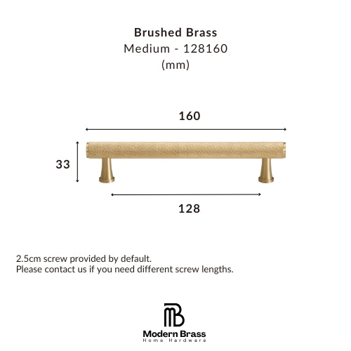 Dimension diagram of a brushed brass cabinet pull handle, showing a medium-length brass bar with a wood-look center section, labeled with measurements 160, 128, and 34, on a white background with Modern Brass Home Hardware branding.