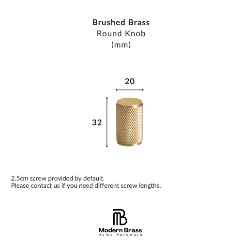 A brushed brass round knob shown on a white background with dimension labels indicating 22 mm in diameter and 31 mm in height, plus text noting a 2.5 cm screw is included by default and the Modern Brass Home Hardware brand logo at the bottom.