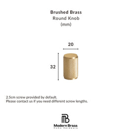 A brushed brass round knob shown on a white background with dimension labels indicating 22 mm in diameter and 31 mm in height, plus text noting a 2.5 cm screw is included by default and the Modern Brass Home Hardware brand logo at the bottom.