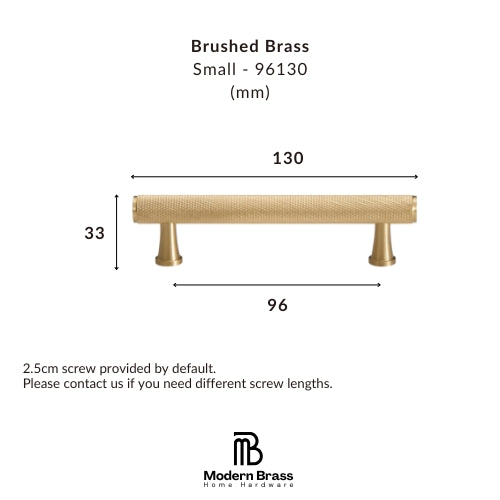 Technical dimension diagram of a brushed brass cabinet pull handle, showing a small round bar with two posts, labeled with measurements 130, 30, and 96, on a white background with the Modern Brass logo.