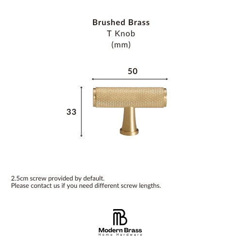 A brass T-knob cabinet pull shown with dimension labels indicating 50 mm width and 33 mm height, plus text noting a 2.5 cm screw is included by default.