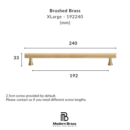 A dimension diagram of a brushed brass shelf labeled XLarge - 19240 (mm), showing a length of 240, width of 192, and height of 30, with Modern Brass Home Hardware branding at the bottom.