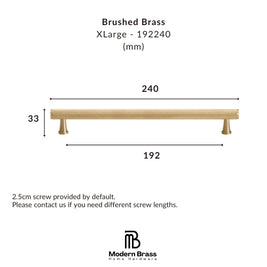 A dimension diagram of a brushed brass shelf labeled XLarge - 19240 (mm), showing a length of 240, width of 192, and height of 30, with Modern Brass Home Hardware branding at the bottom.
