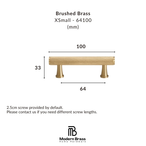 Technical dimension diagram of a brushed brass cabinet pull handle, labeled XSmall - 64100, showing measurements of 100 mm width, 33 mm height, and 64 mm base width, with Modern Brass Home Hardware branding.