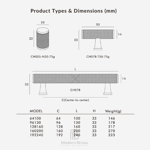 A product dimensions chart for Modern Brass home hardware, showing line drawings and a table for the CH078 rectangular brass diffuser. The diagram includes dimensions for a cylindrical model (CH035-N20-75g) and a rectangular model (CH078-T50-75g) on a light gray background.