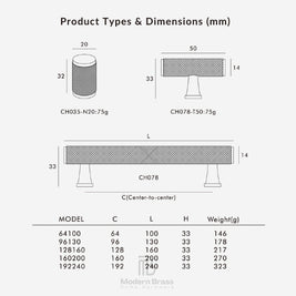 A product dimensions chart for Modern Brass home hardware, showing line drawings and a table for the CH078 rectangular brass diffuser. The diagram includes dimensions for a cylindrical model (CH035-N20-75g) and a rectangular model (CH078-T50-75g) on a light gray background.
