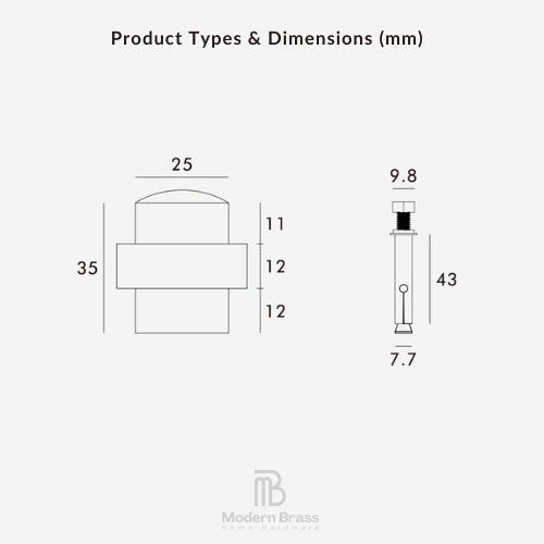 Technical dimension diagram for a brass home hardware component, showing product type and measurements in millimeters on a light gray background, with the Modern Brass logo at the bottom.