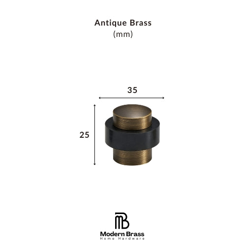 A brass cabinet knob shown with dimension lines and labels indicating 35 mm width, 30 mm height, and 32 mm base diameter, with the text 'Antique Brass (mm)' at the top and the Modern Brass Home Hardware logo at the bottom.