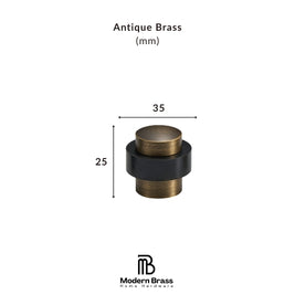 A brass cabinet knob shown with dimension lines and labels indicating 35 mm width, 30 mm height, and 32 mm base diameter, with the text 'Antique Brass (mm)' at the top and the Modern Brass Home Hardware logo at the bottom.