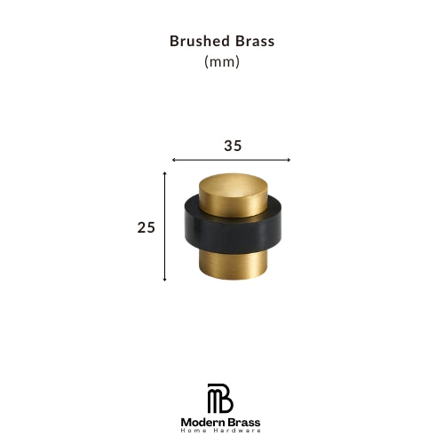 A brushed brass cylindrical hardware component with dimension labels showing 35 mm width, 30 mm height, and 32 mm base diameter, on a white background with Modern Brass branding.