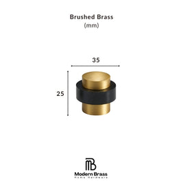 A brushed brass cylindrical hardware component with dimension labels showing 35 mm width, 30 mm height, and 32 mm base diameter, on a white background with Modern Brass branding.