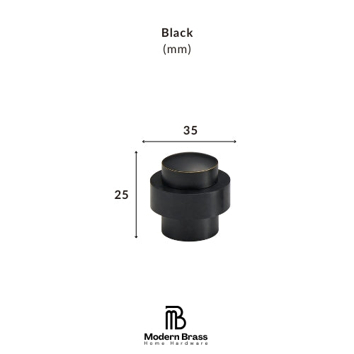 A black cylindrical knob or dial shown on a white background with dimension labels indicating 30 mm height, 35 mm top diameter, and 32 mm base diameter. Text above reads 'Black (mm)' and the Modern Brass Home Hardware logo appears below.