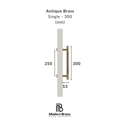Measurement chart for an antique brass door handle on a white background with Modern Brass logo.