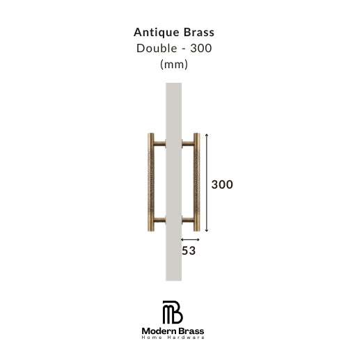 Measurement chart for antique brass double door handle with dimensions on a white background