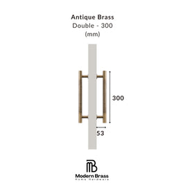 Measurement chart for antique brass double door handle with dimensions on a white background