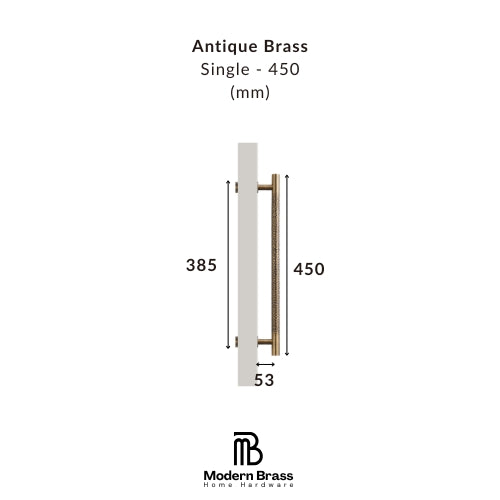 Measurement chart for an antique brass handle on a white background with 'Modern Brass' branding.