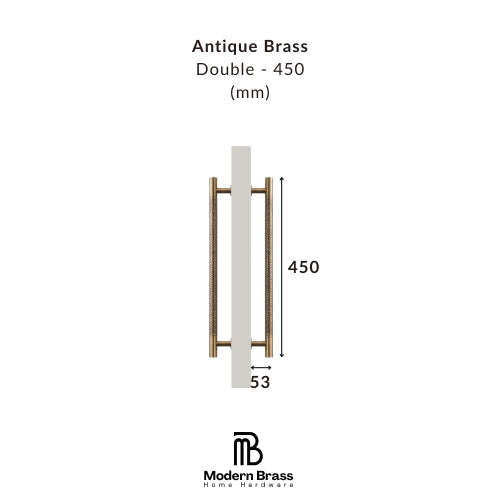 Double brass handle with dimensions on a white background, featuring the Modern Brass logo.