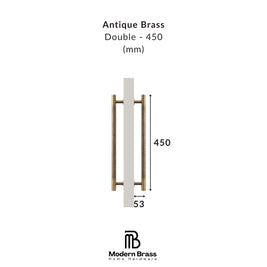 Double brass handle with dimensions on a white background, featuring the Modern Brass logo.