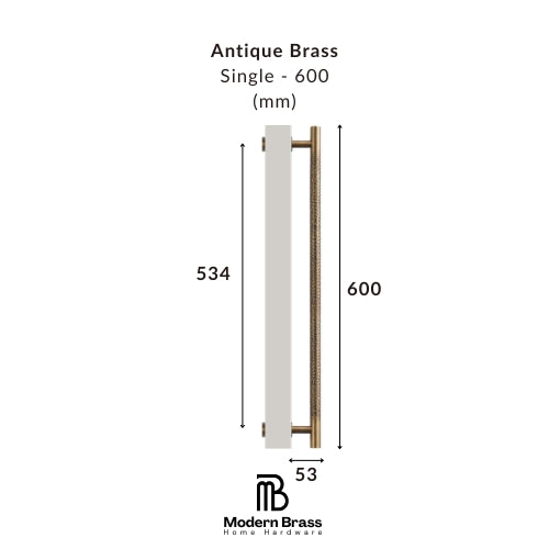 Measurement chart of an antique brass handle on a white background with 'Modern Brass' branding.